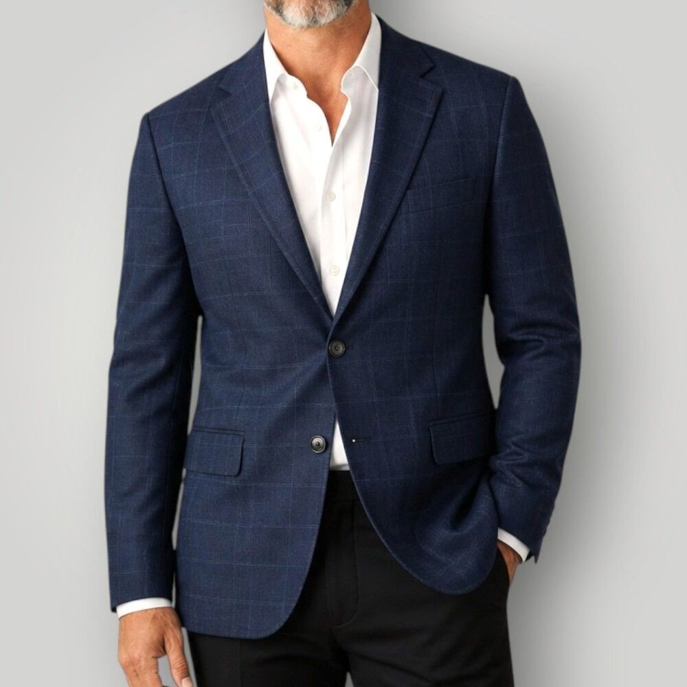RALPH LAUREN Mens Navy Blazer 48L Silk/Wool Sport Coat 2-Button Jacket Plaid